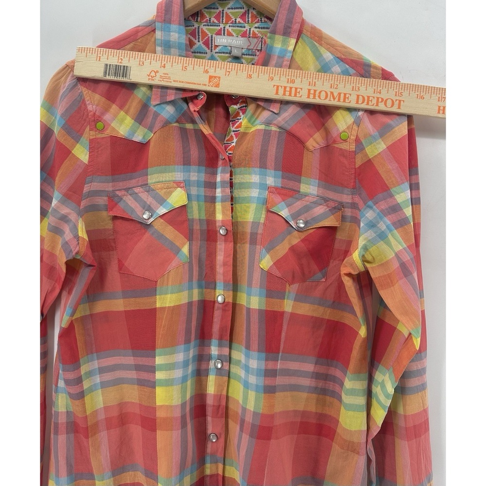 Tin Haul Western Plaid Snap Button Shirt Womens L Bright Neon Rodeo Cowgirl AA12 - Picture 5 of 12